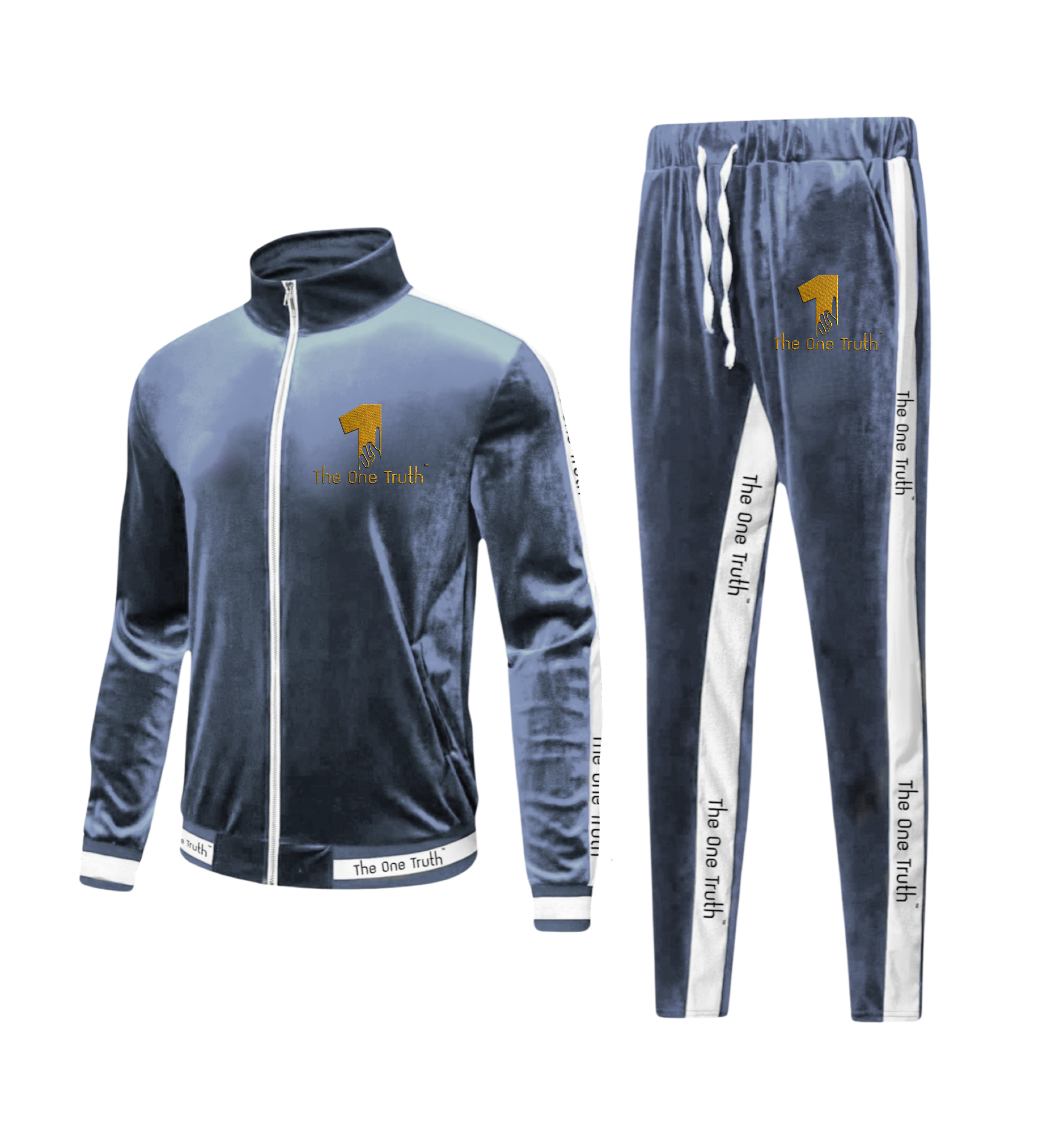 The One Truth - Velour Tracksuit Set Blue-Grey & White